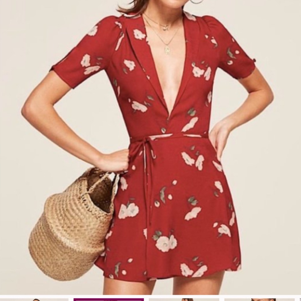 Reformation Calais Red Floral Wrap Mini Dress Size Medium